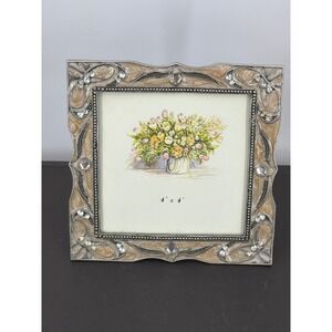S.K. Ornate Enamel and Rhinestone Square Picture Frame 4x4 Champagne Silver Tone